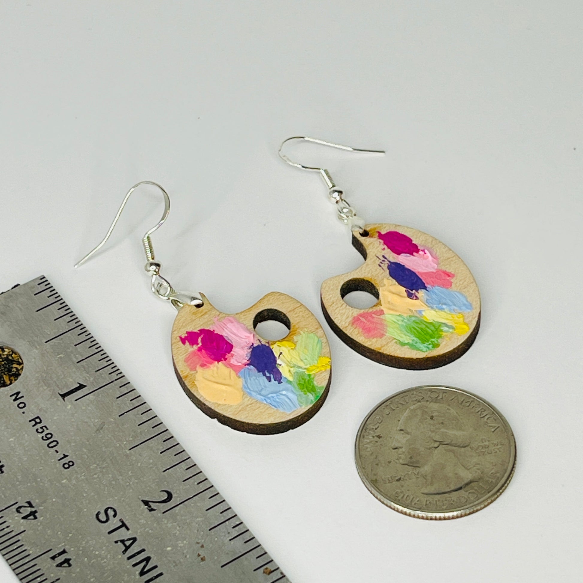 Spring Palette Earrings next to ruler and coin.