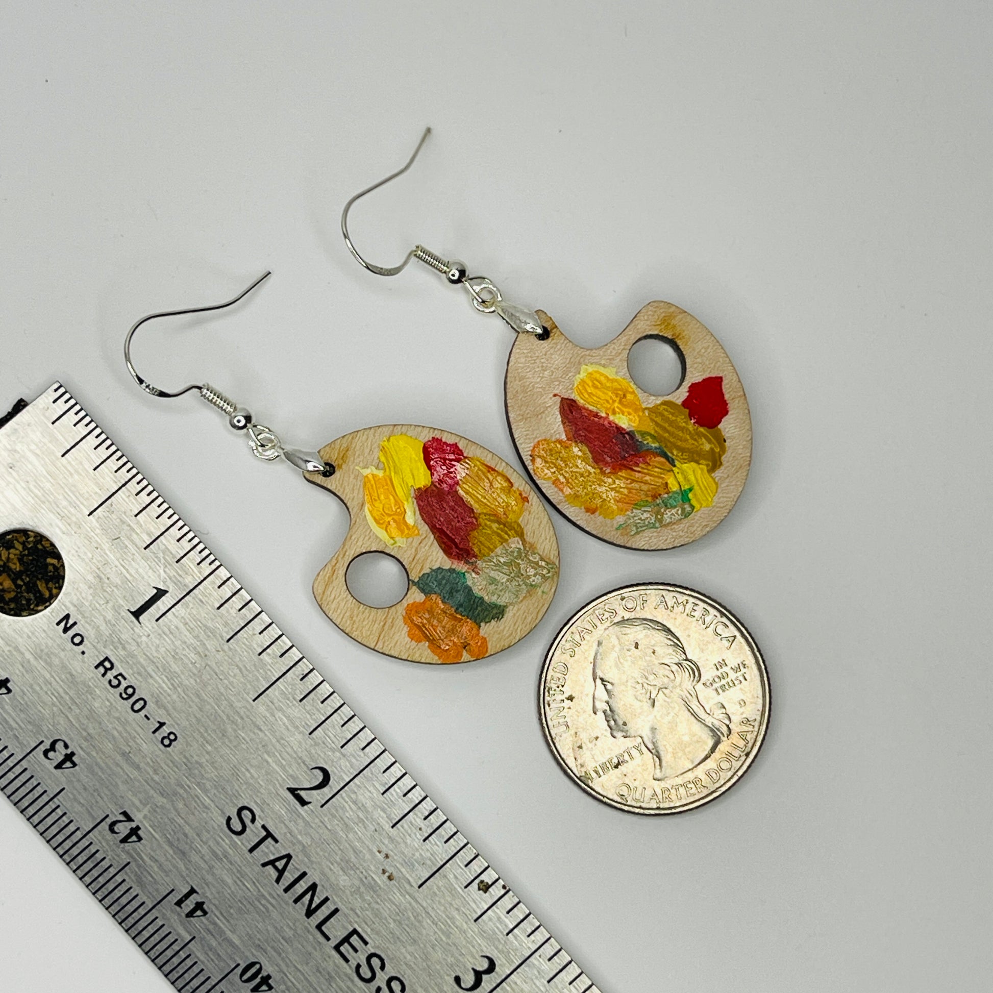 Painter Palette Earrings FALL Colors. Solid maple, next to a ruler and coin for size comparison.