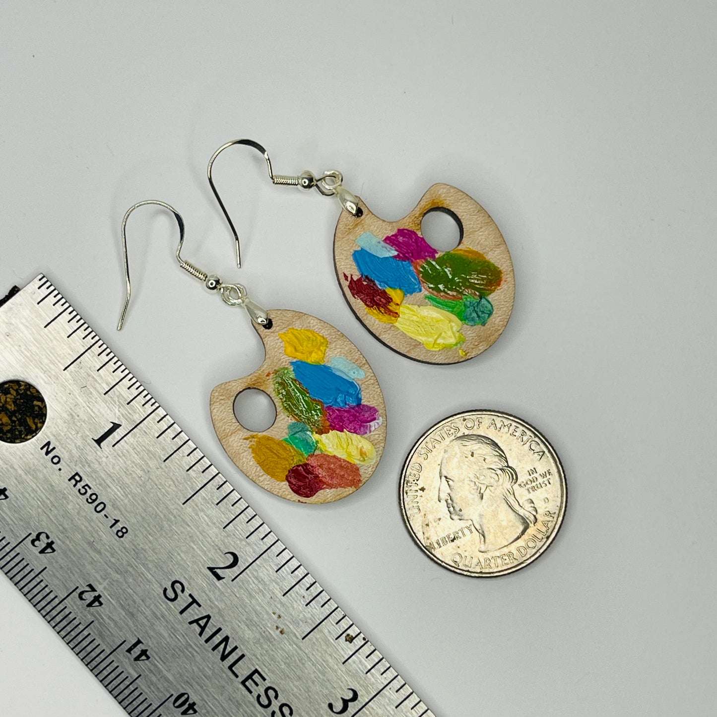 Painter Palette Earrings SUMMER  Colors. Solid maple, next to a ruler and coin for size comparison.