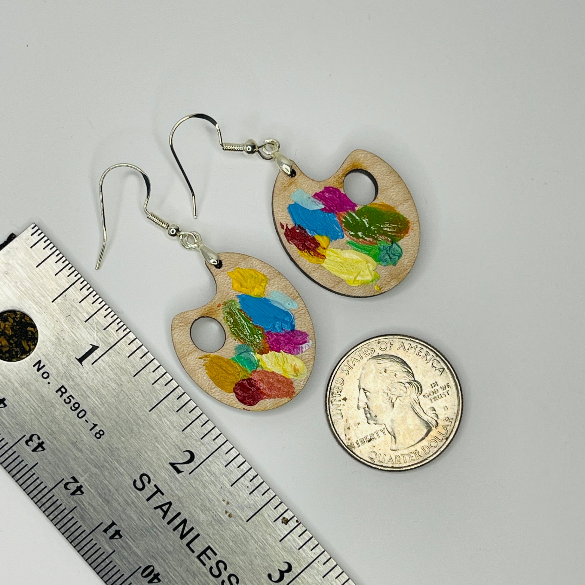 Painter Palette Earrings SUMMER  Colors. Solid maple, next to a ruler and coin for size comparison.