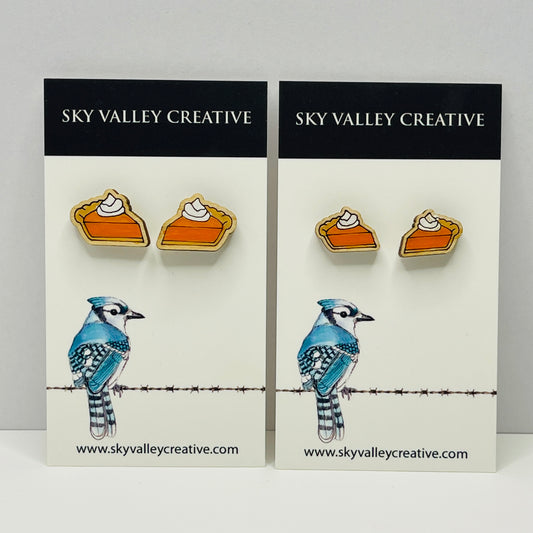 Two pairs of earrings on display with 'Sky Valley Creative' branding. Regular size and small size.
